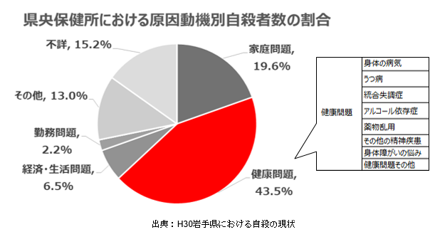 県央保健所による原因動機別自殺者数の割合円グラフ、家庭問題が19.6%、健康問題が43.5%、経済・生活問題が6.5%、勤務問題が2.2%、その他が13.0%、不詳が15.2%。健康問題の詳細は下記を確認