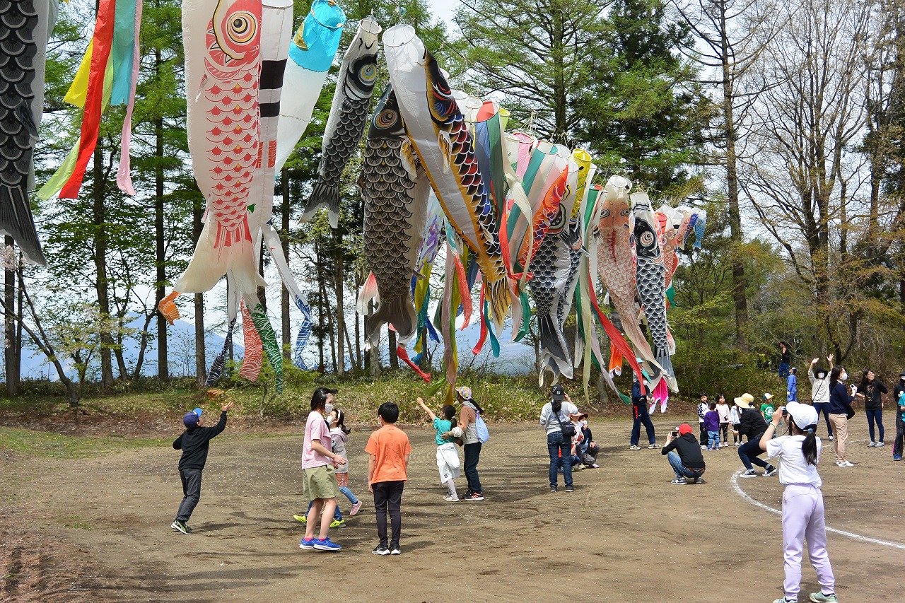 鯉のぼりを設置しようとしている様子