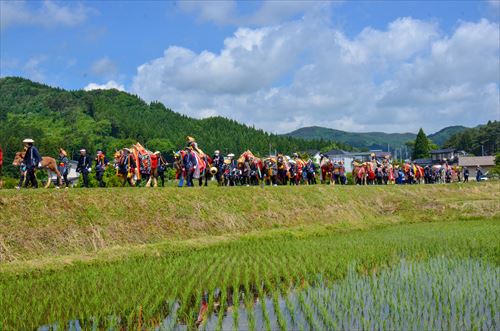 田んぼ沿いでチャグチャグ馬コが行われている様子