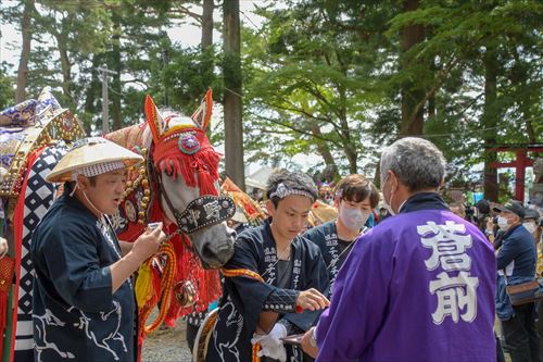 馬の前で男性が並んでいる様子