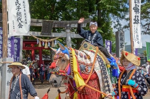 鳥居の前で子供が馬にまたがっている様子