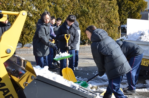 人々が作業車に雪を運んでいる様子