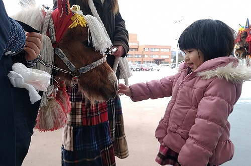 子どもがポニーに触れている様子