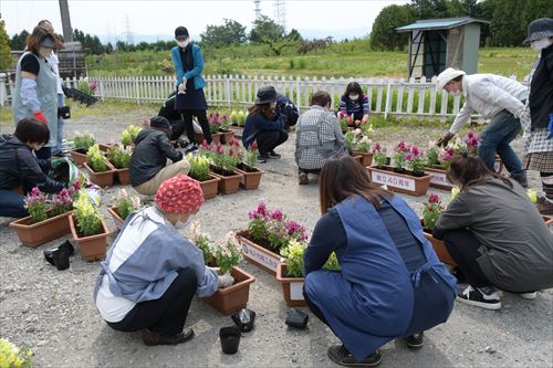 人々がプランターに花を植えている様子