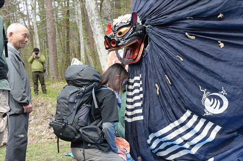 篠木神楽の獅子舞に頭を噛まれる参加者