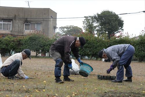 滝沢ふるさと交流館の低木や垣根の手入れ作業の様子