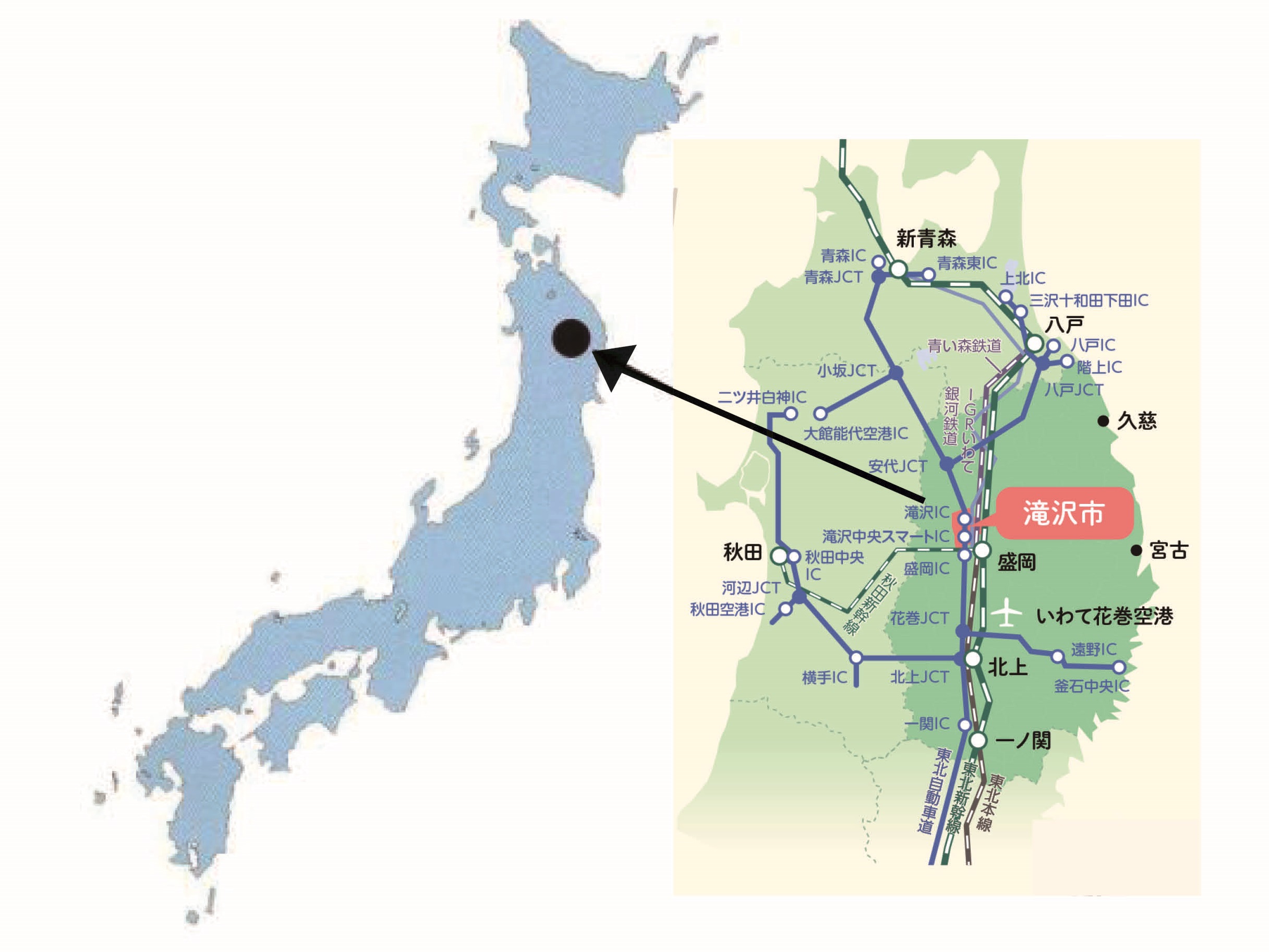 日本地図と岩手県の拡大地図