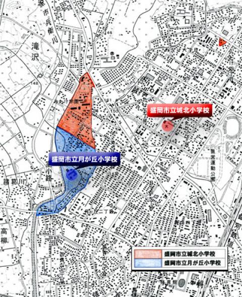 盛岡市立城北小学校と盛岡市立月が丘小学校への区域外就学（教育委託）が認められる地域の図