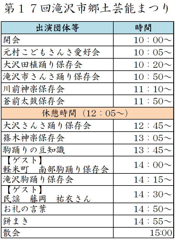 第17回滝沢市郷土芸能まつり出演順